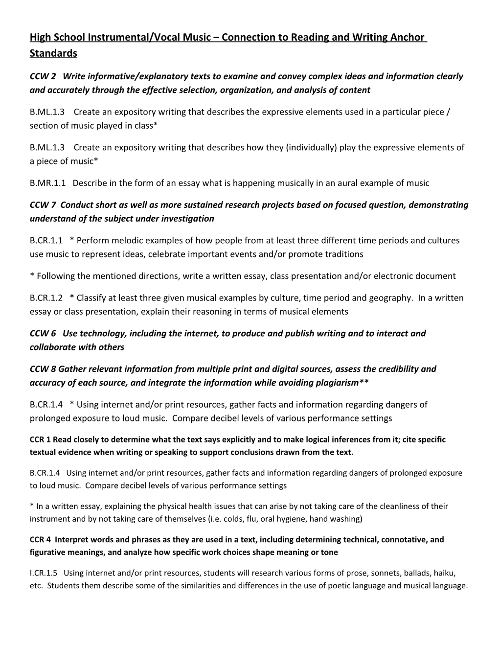 High School Instrumental/Vocal Music Connection to Reading and Writing Anchor Standards