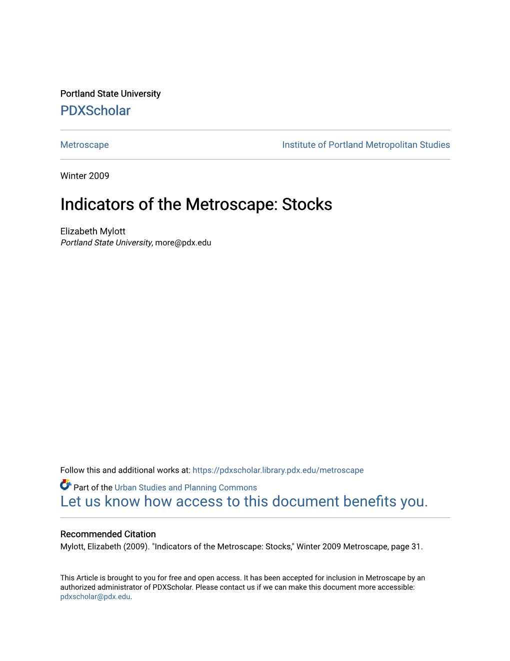 Indicators of the Metroscape: Stocks