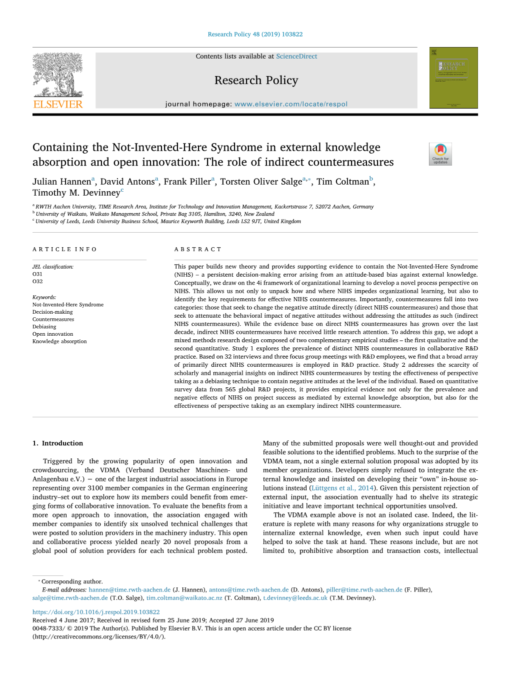 Containing the Not-Invented-Here Syndrome in External Knowledge