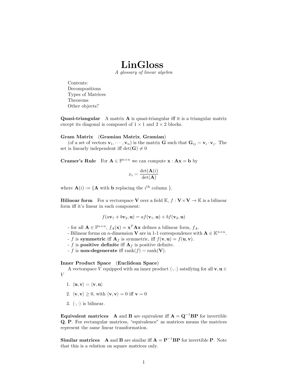 Lingloss a Glossary of Linear Algebra