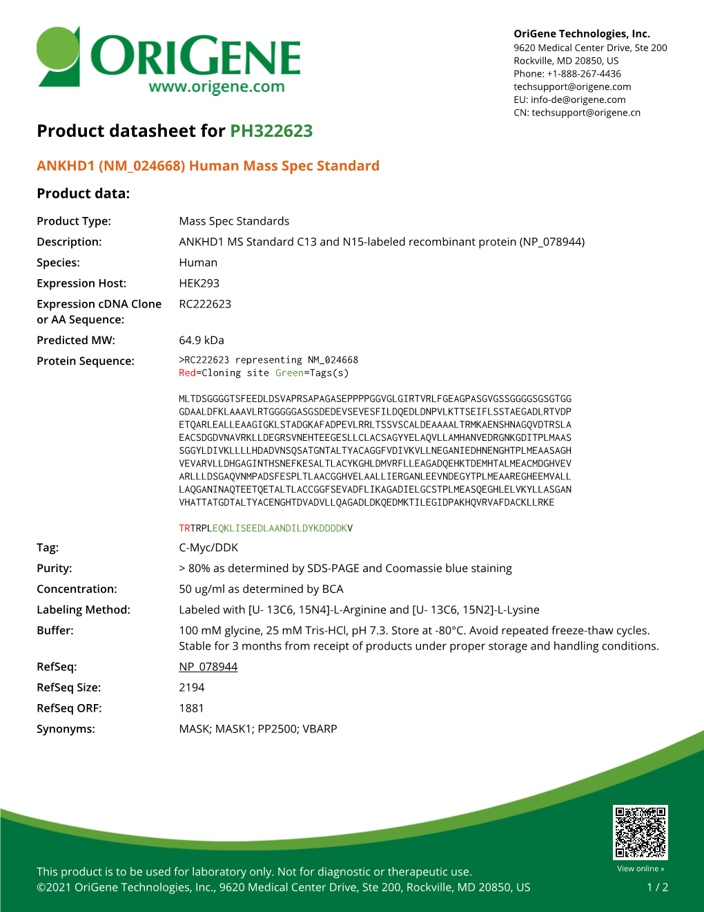 ANKHD1 (NM 024668) Human Mass Spec Standard Product Data