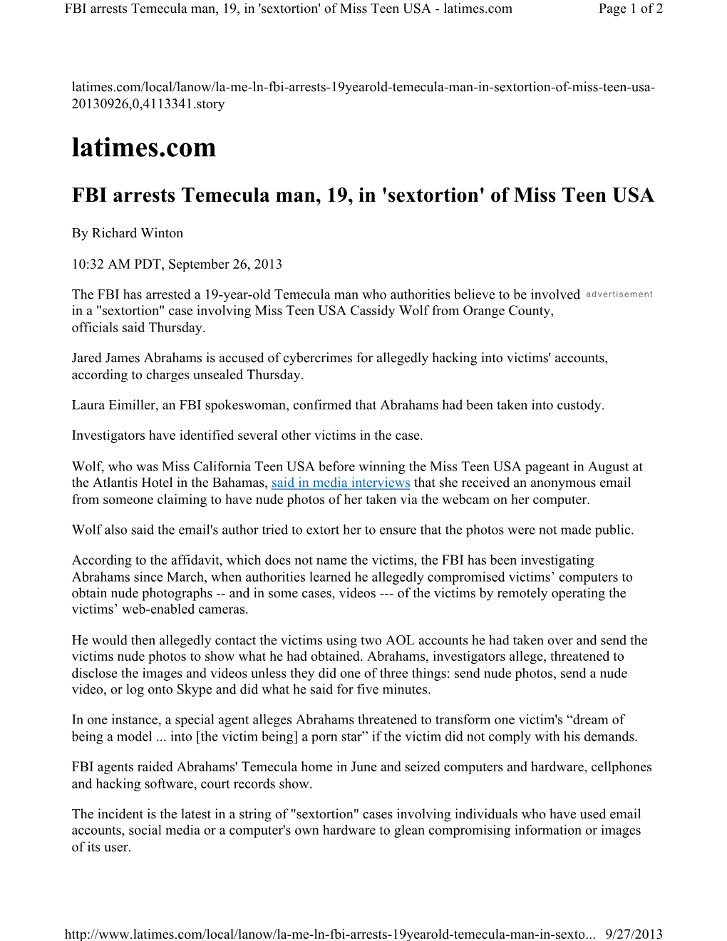 'Sextortion' of Miss Teen USA - Latimes.Com Page 1 of 2