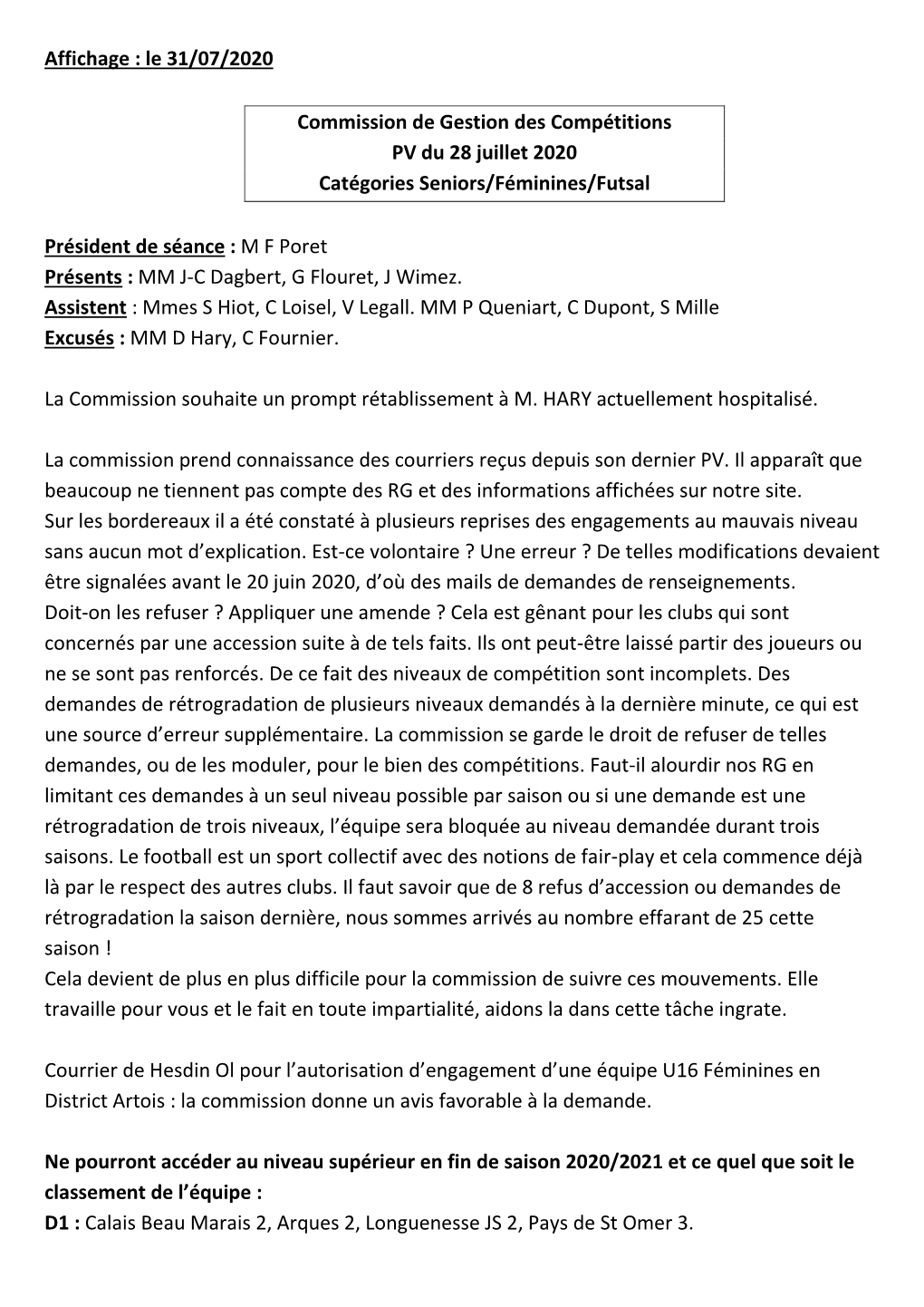 Le 31/07/2020 Commission De Gestion Des Compétitions PV Du 28 Juillet