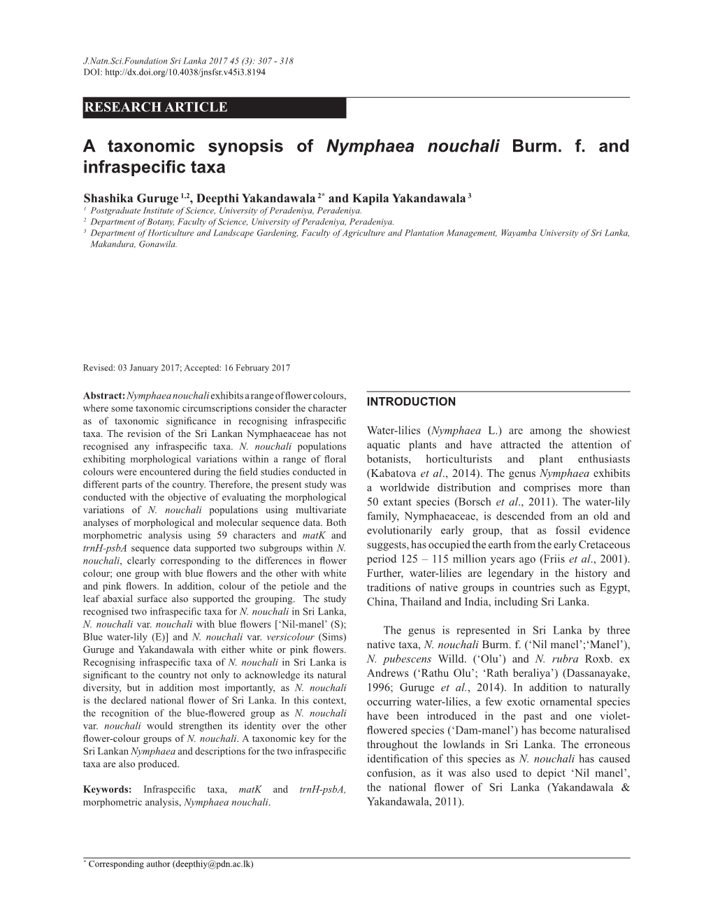 A Taxonomic Synopsis of Nymphaea Nouchali Burm. F. and Infraspecific