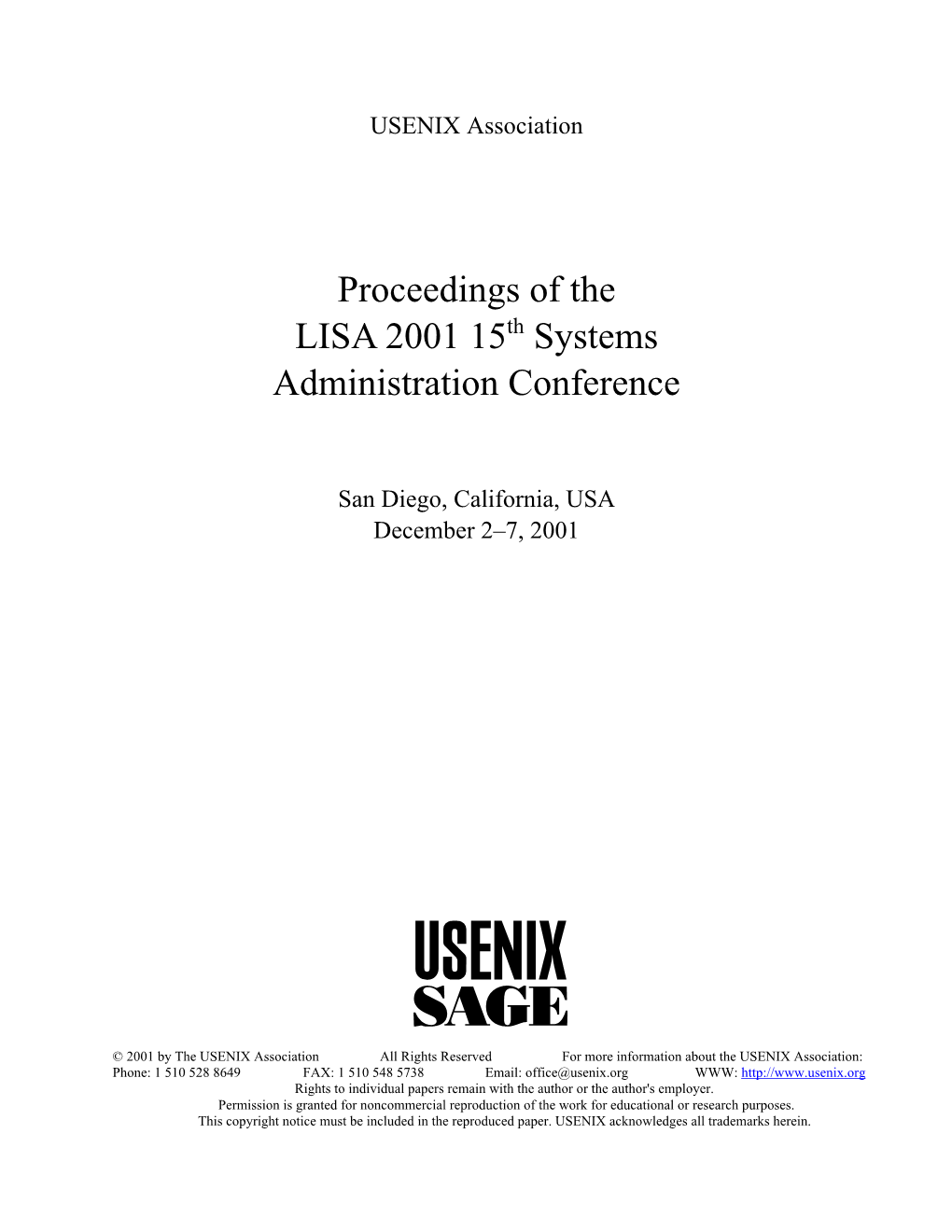 Proceedings of the LISA 2001 15 Systems Administration Conference