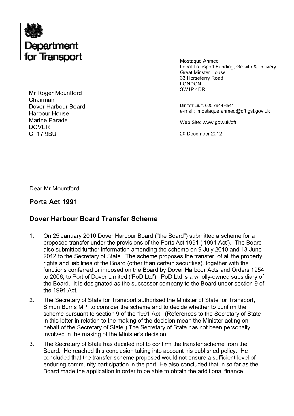 Dover Harbour Board Transfer Scheme Decision Letter