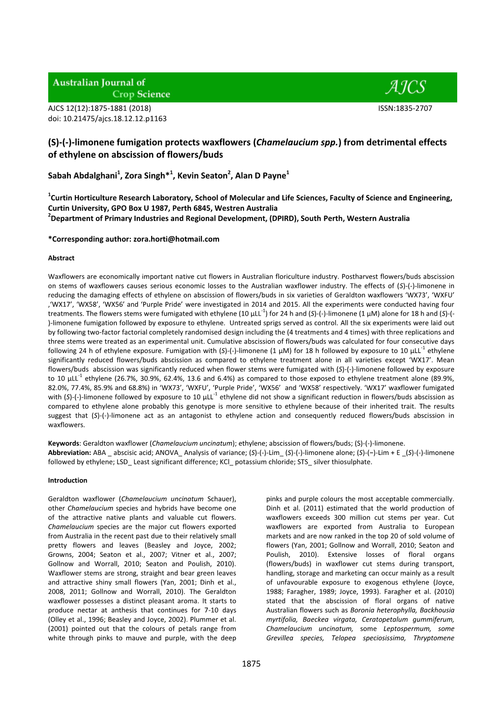 (S)-(-)-Limonene Fumigation Protects Waxflowers (Chamelaucium Spp.) from Detrimental Effects of Ethylene on Abscission of Flowers/Buds