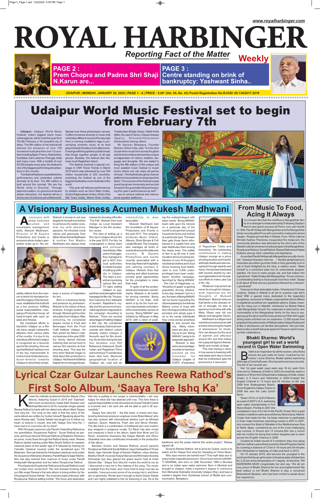 Udaipur World Music Festival Set to Begin from February