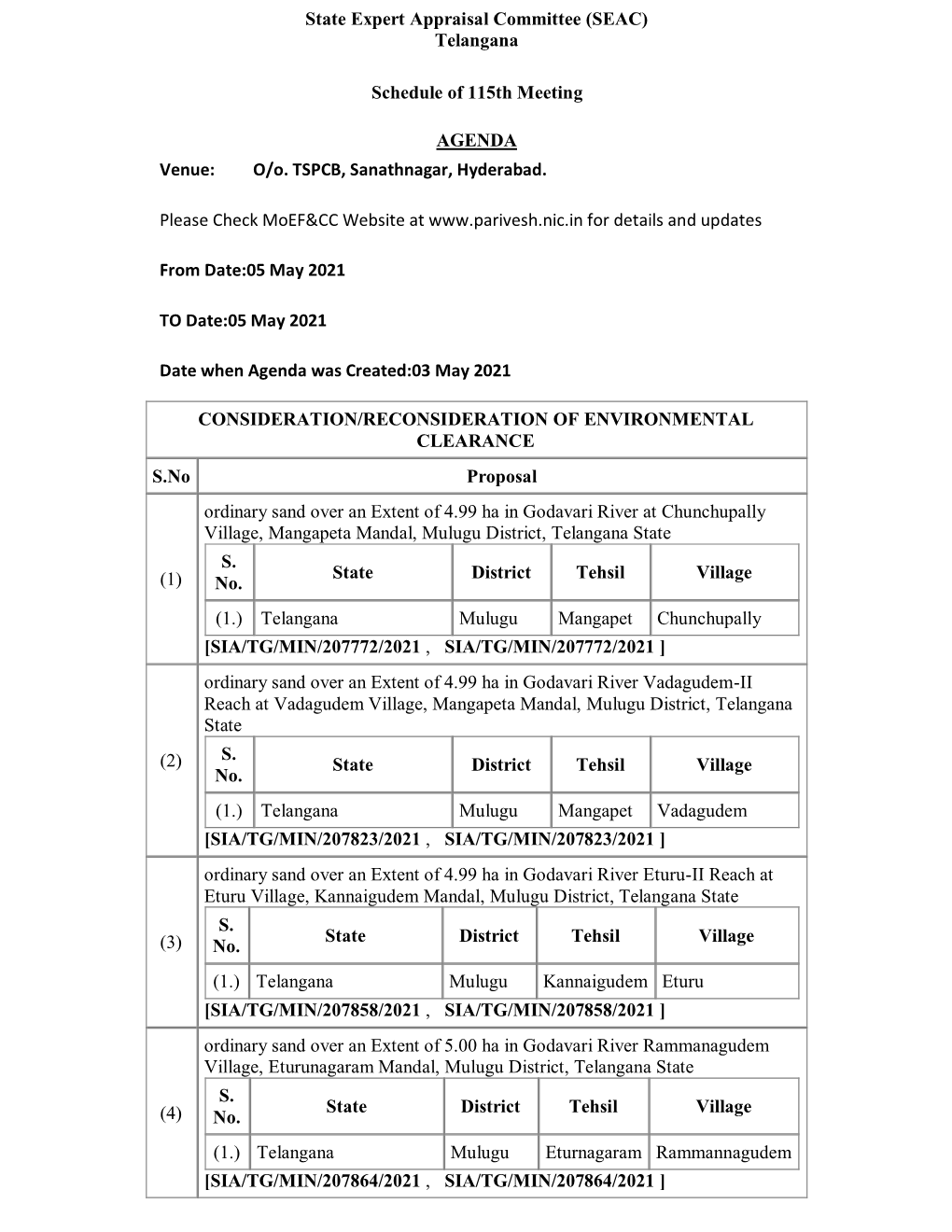 State Expert Appraisal Committee (SEAC) Telangana Schedule of 115Th Meeting AGENDA Venue: O/O. TSPCB, Sanathnagar, Hyderabad. Pl