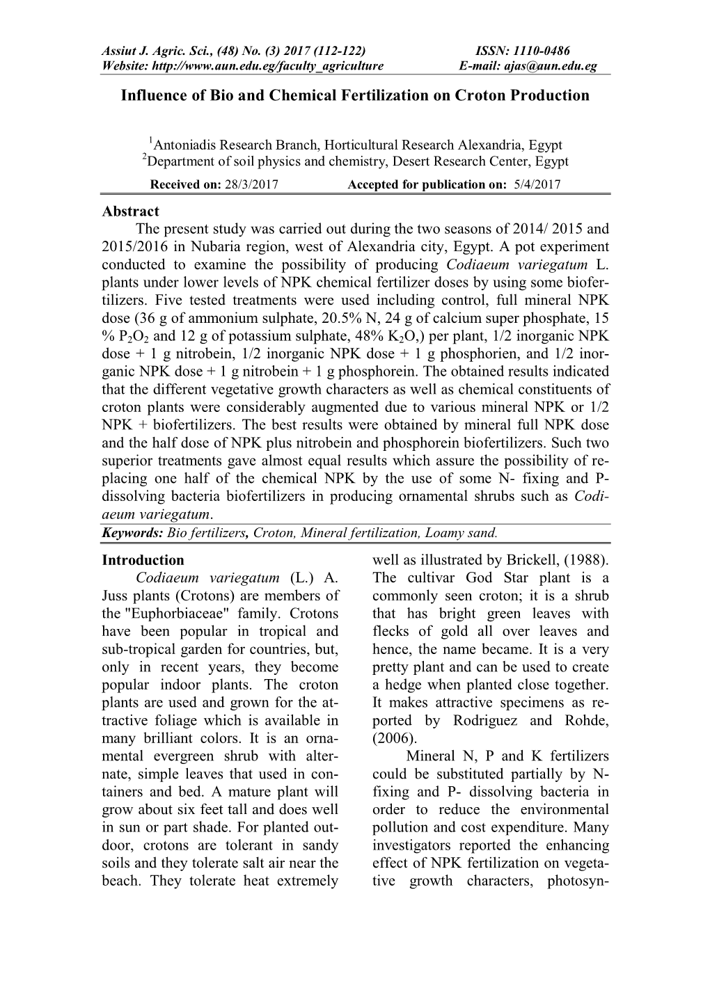 Influence of Bio and Chemical Fertilization on Croton Production