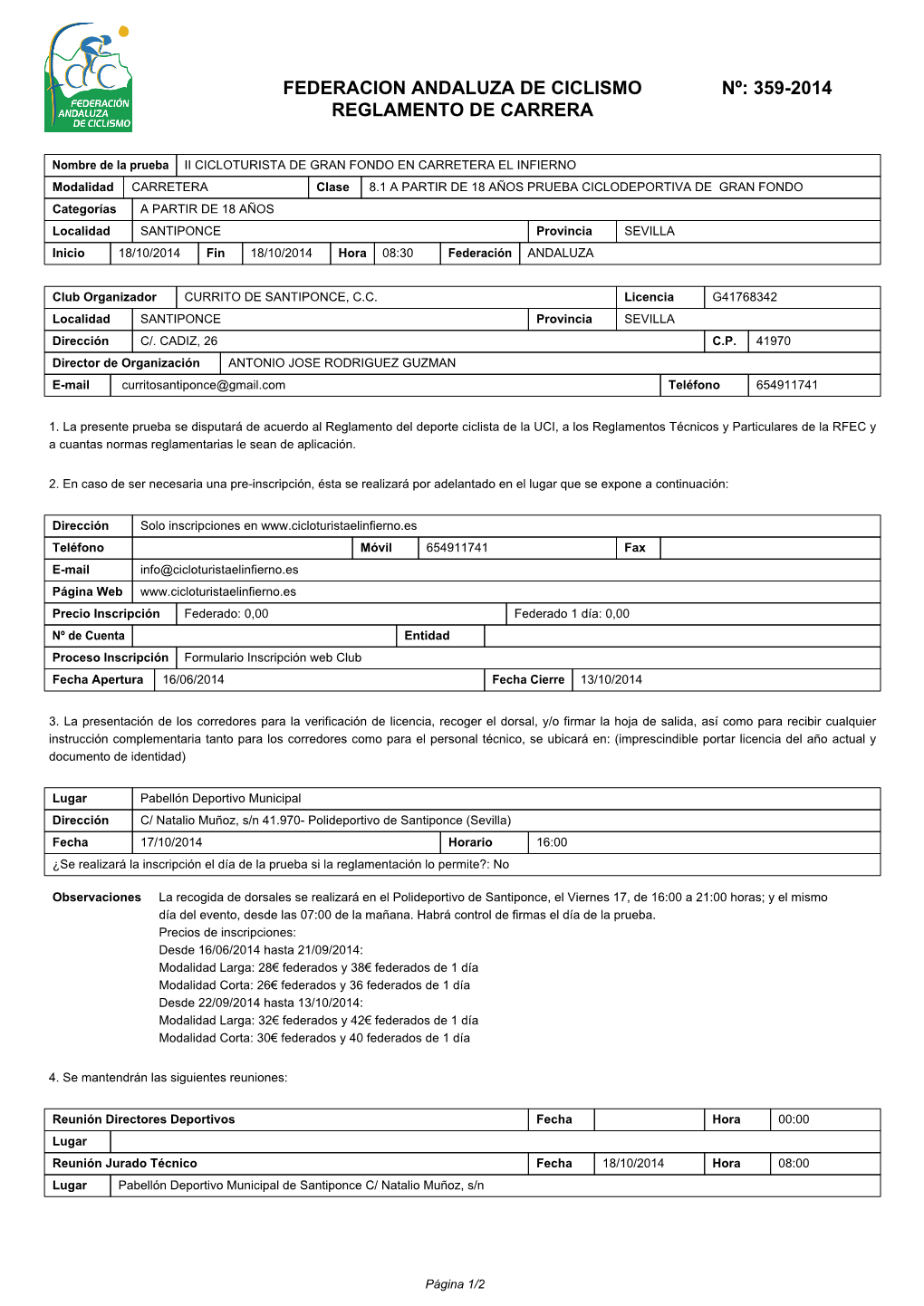 Federacion Andaluza De Ciclismo Nº: 359-2014 Reglamento De Carrera