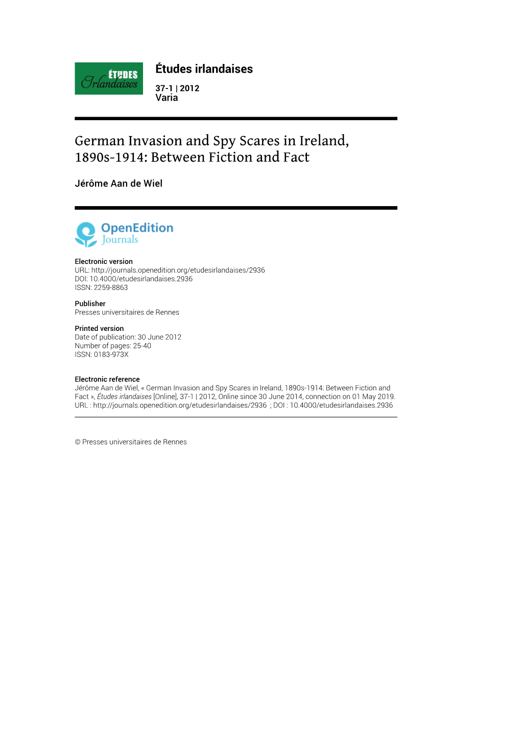 German Invasion and Spy Scares in Ireland, 1890S-1914: Between Fiction and Fact