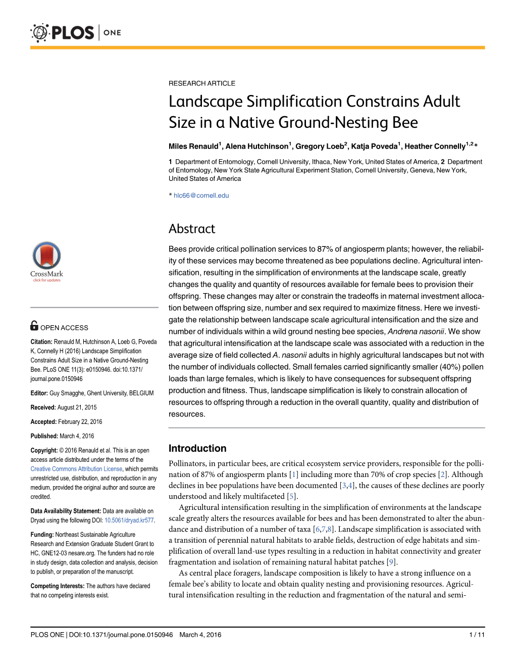 Landscape Simplification Constrains Adult Size in a Native Ground-Nesting Bee