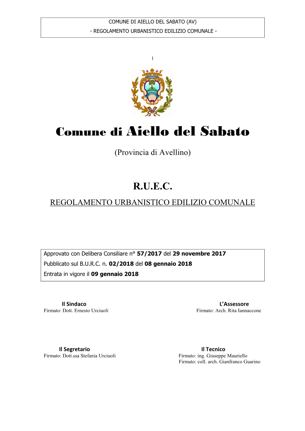 Comune Di Aiello Del Sabato (Av) - Regolamento Urbanistico Edilizio Comunale