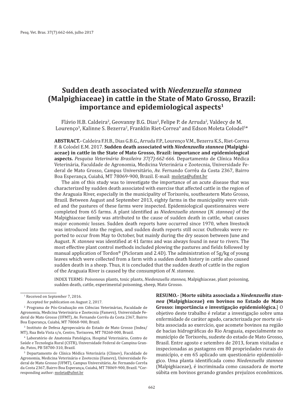 Sudden Death Associated with Niedenzuella Stannea (Malpighiaceae) in Cattle in the State of Mato Grosso, Brazil: Importance and Epidemiological Aspects1