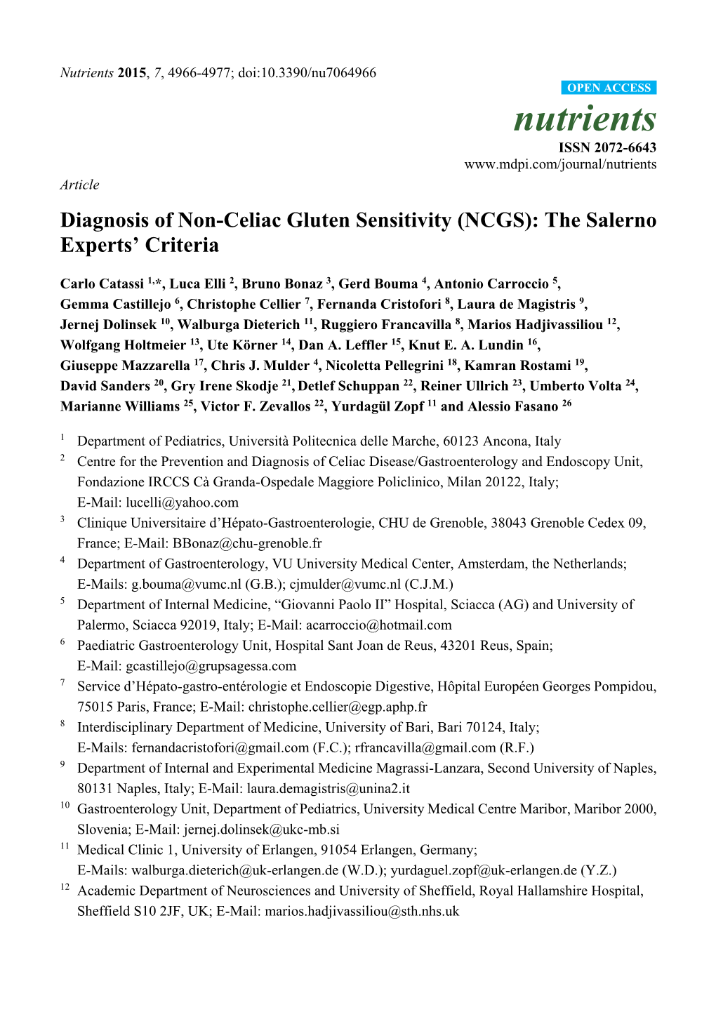 Diagnosis of Non-Celiac Gluten Sensitivity (NCGS): the Salerno Experts’ Criteria