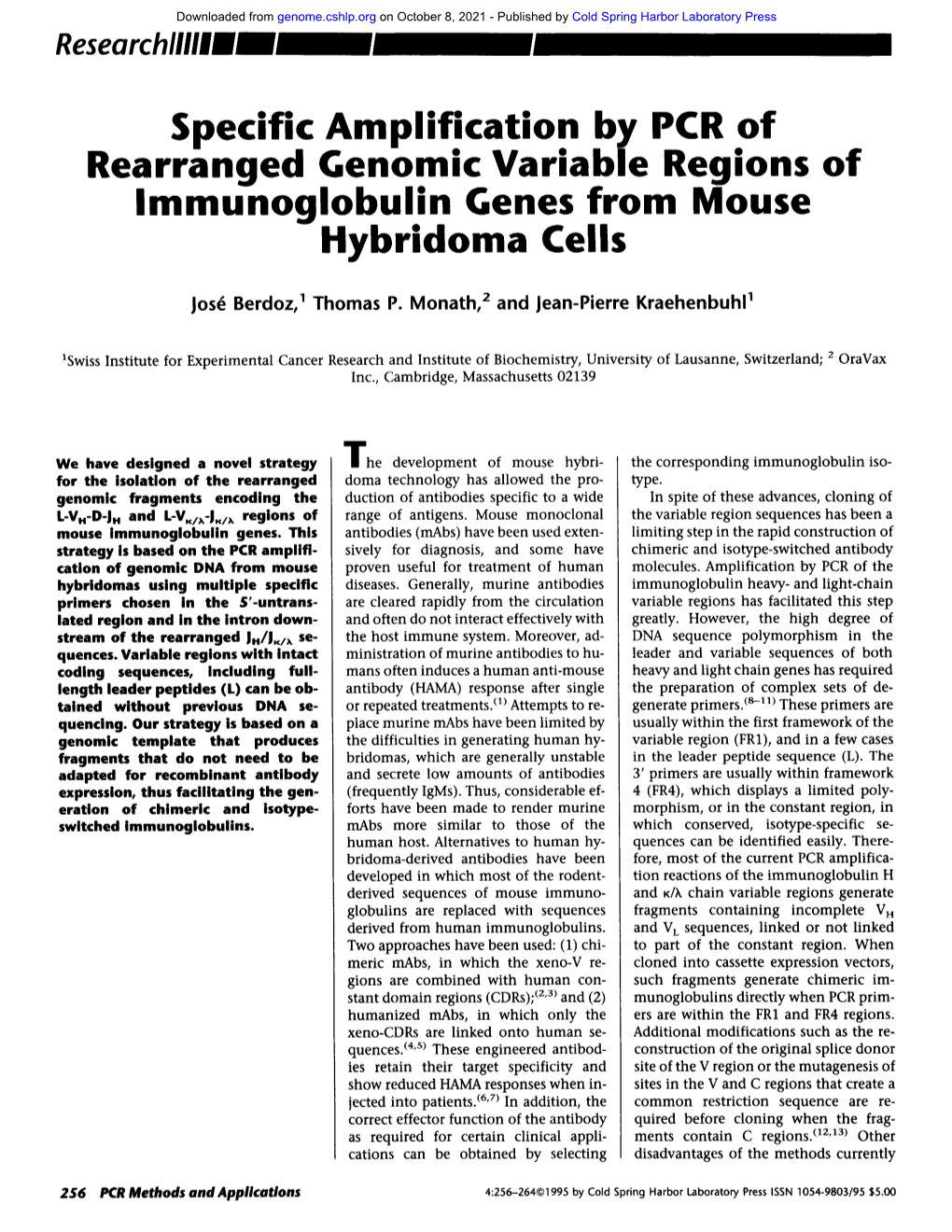 Specific Amplification by PCR of Rearranged Genomic Variable Regions of Immunoglobulin Genes from Mouse Hybridoma Cells