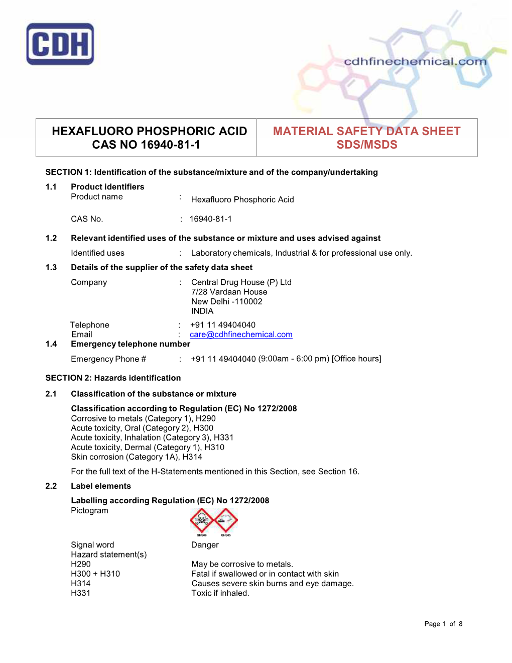 Hexafluoro Phosphoric Acid Cas No 16940-81-1 Material