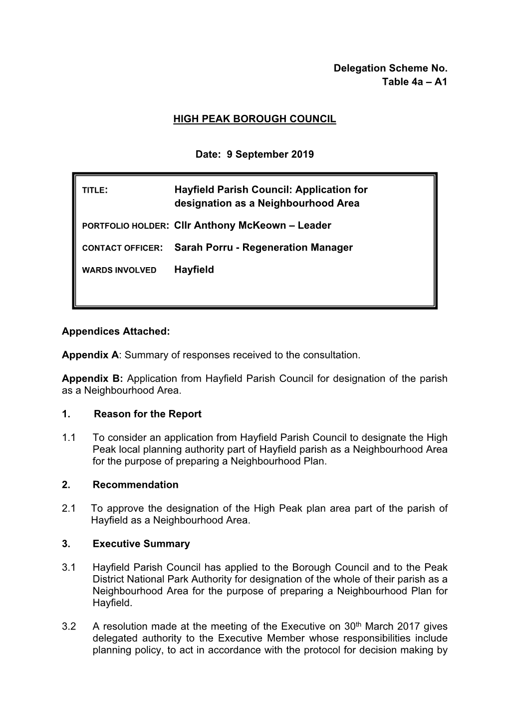 Hayfield Parish Council: Application for Designation As a Neighbourhood Area