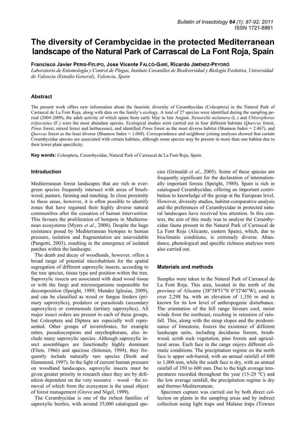 The Diversity of Cerambycidae in the Protected Mediterranean Landscape of the Natural Park of Carrascal De La Font Roja, Spain