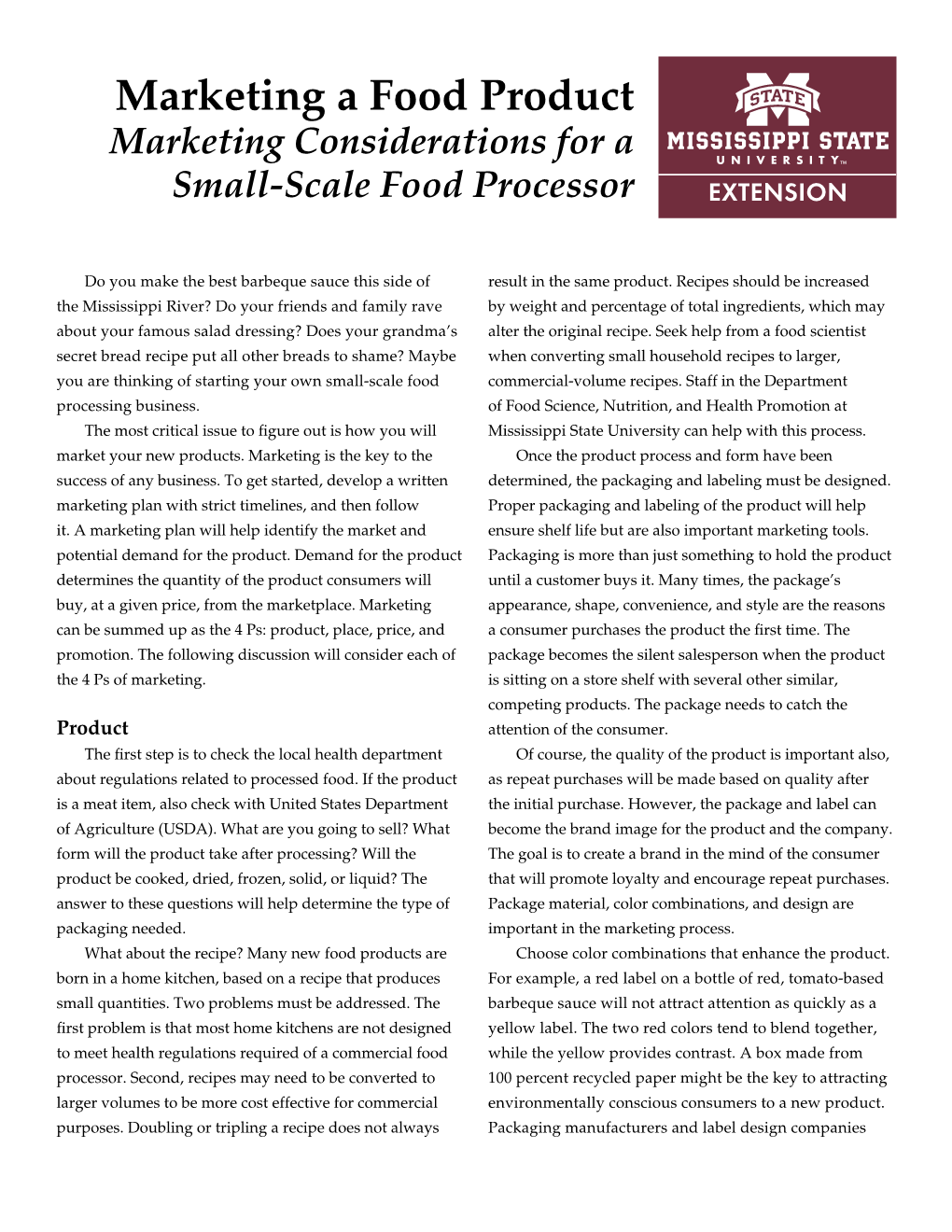 Marketing a Food Product Marketing Considerations for a Small-Scale Food Processor