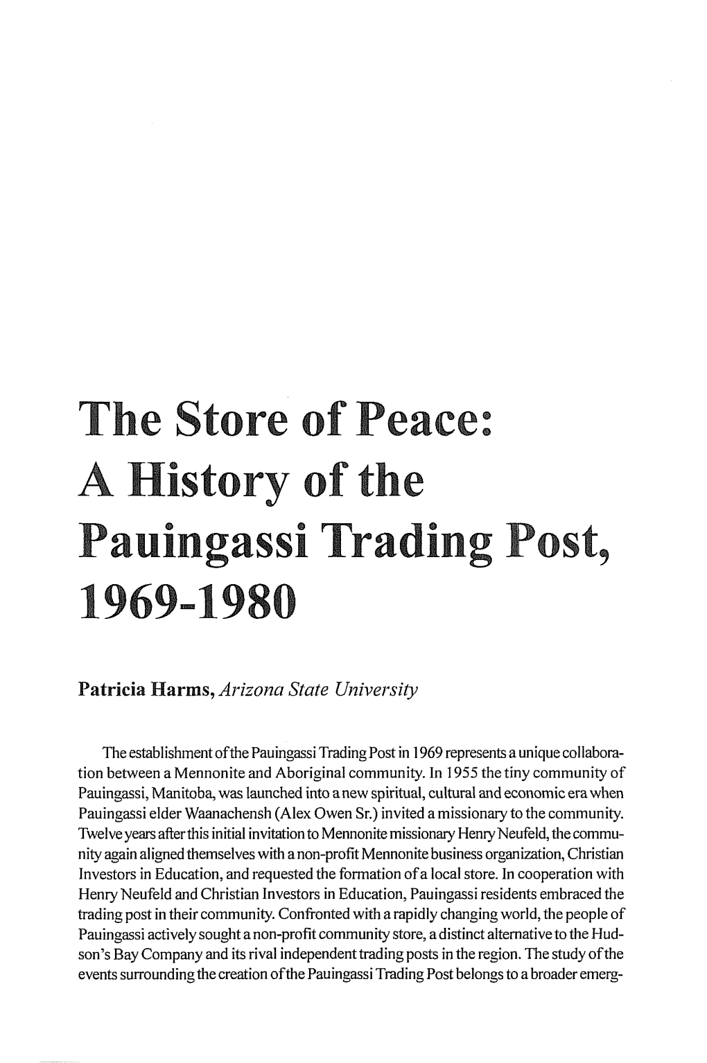 A History of the Pauingassi Trading Post, 11969-11980