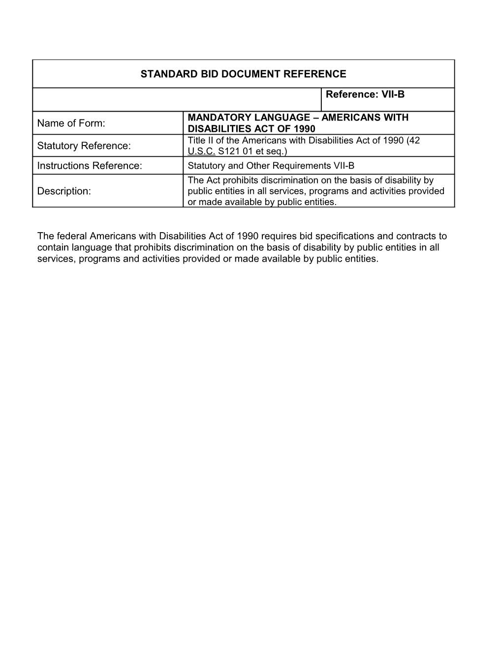 Standard Bid Document Reference