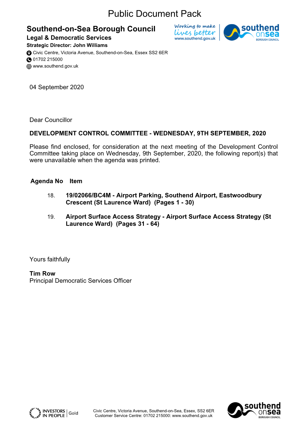 Southend Airport Agenda Supplement for Development Control Commi