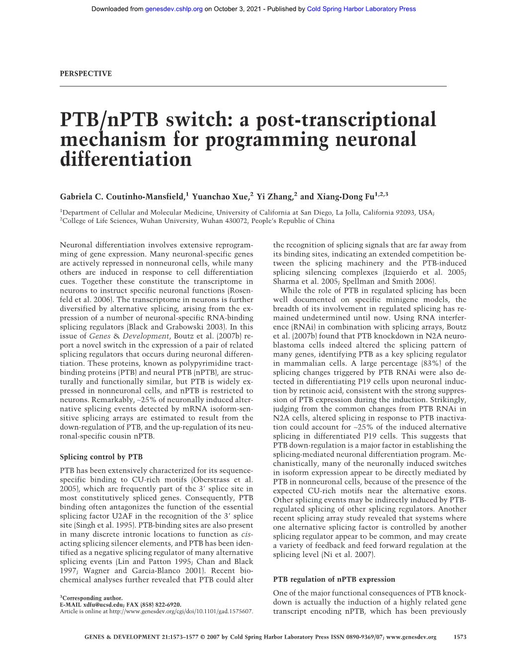 PTB/Nptb Switch: a Post-Transcriptional Mechanism for Programming Neuronal Differentiation