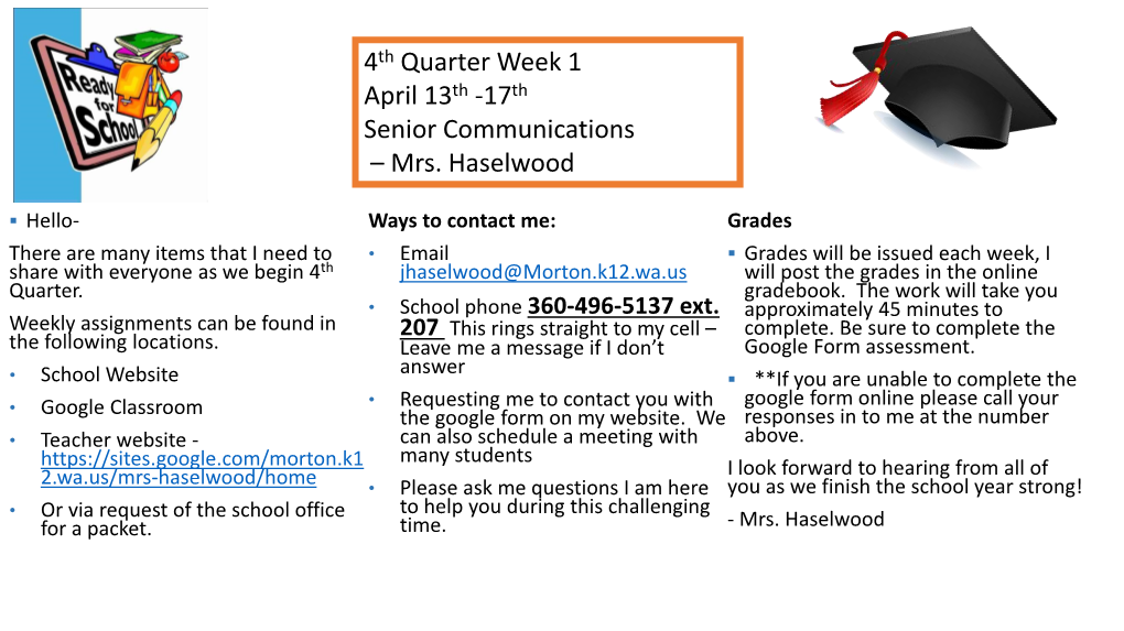 4Th Quarter Week 1 April 13Th -17Th Senior Communications – Mrs