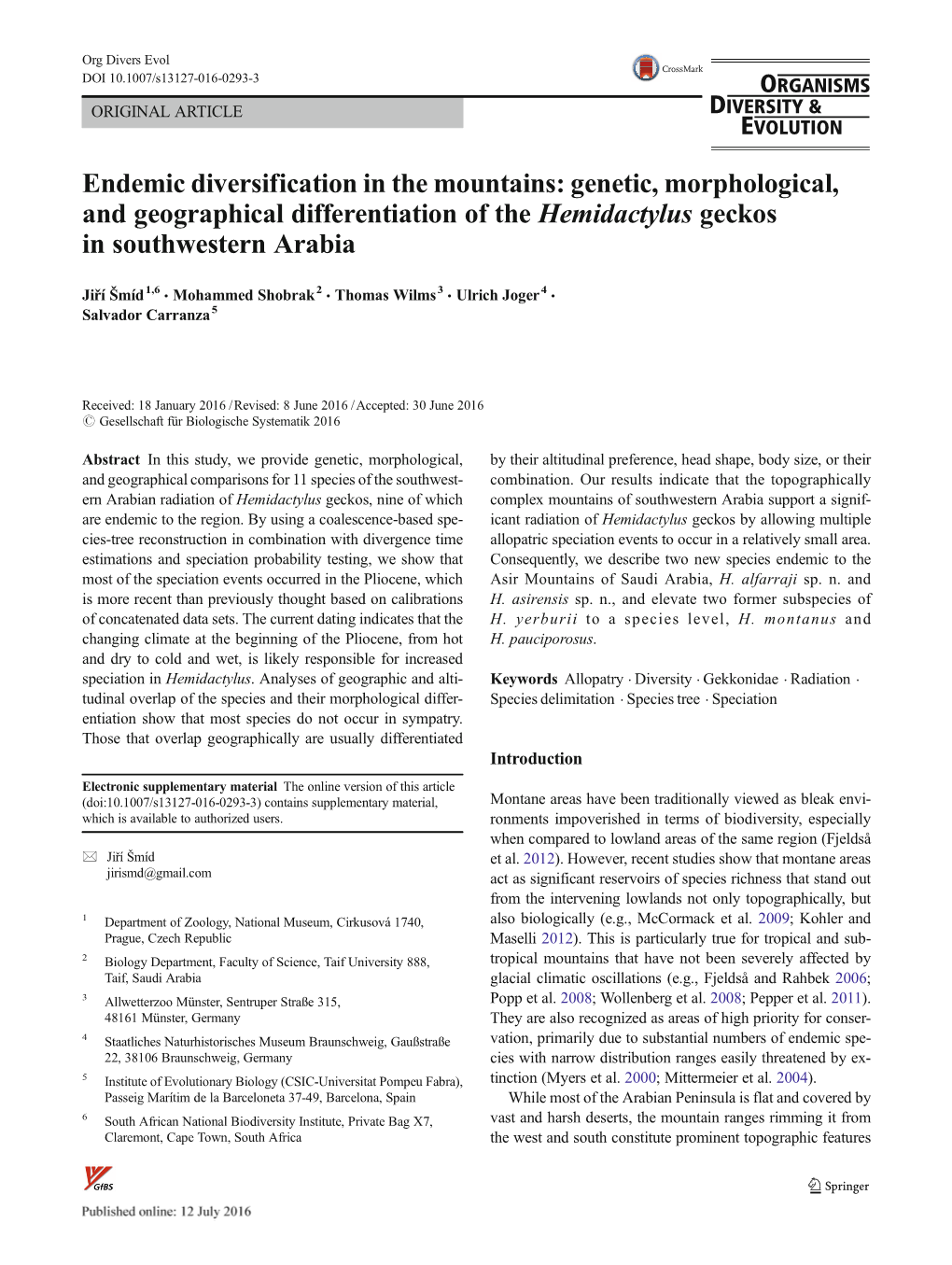 Endemic Diversification in the Mountains: Genetic, Morphological, and Geographical Differentiation of the Hemidactylus Geckos in Southwestern Arabia