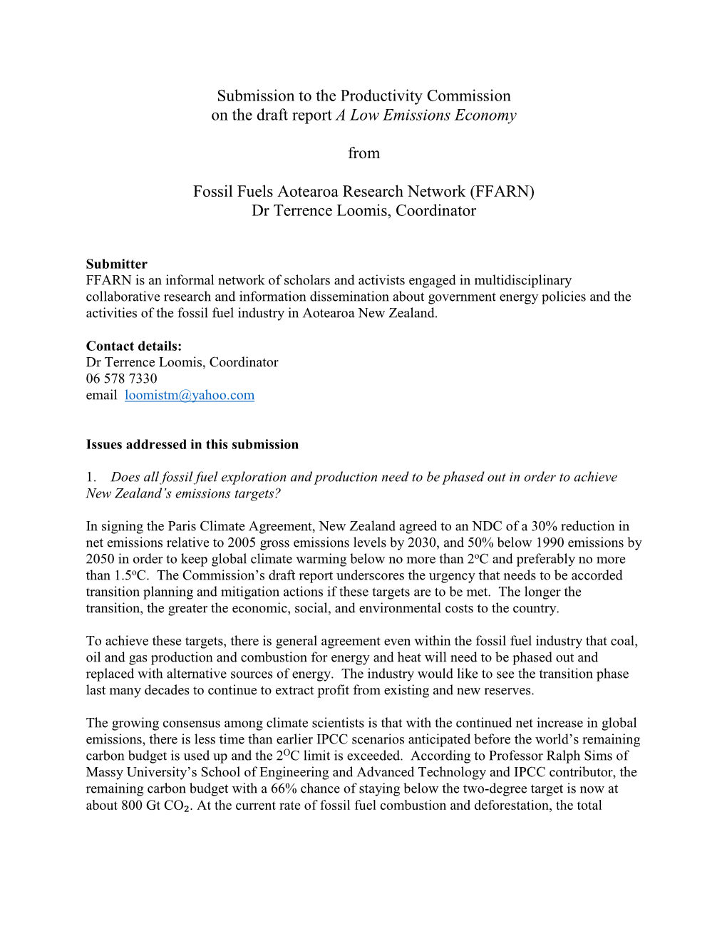 Submission to the Productivity Commission on the Draft Report a Low Emissions Economy from Fossil Fuels Aotearoa Research Networ