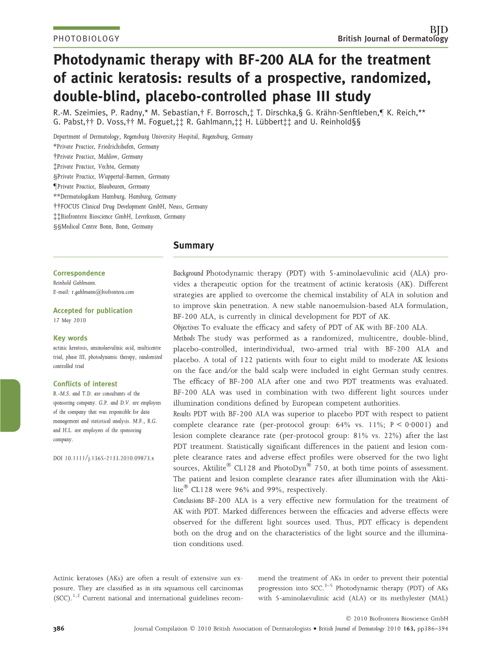 Photodynamic Therapy with BF200 ALA for the Treatment of Actinic