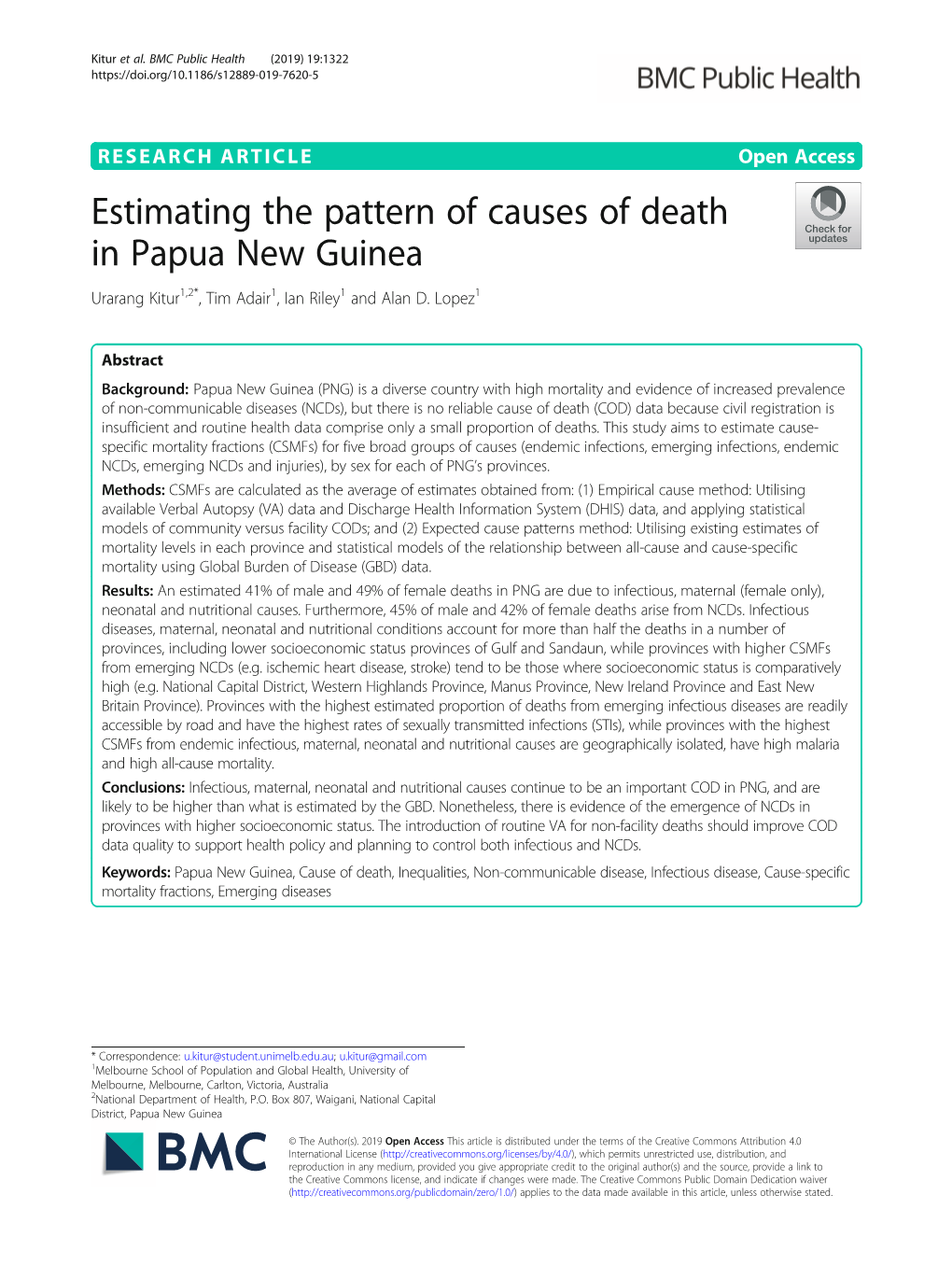 Estimating the Pattern of Causes of Death in Papua New Guinea Urarang Kitur1,2*, Tim Adair1, Ian Riley1 and Alan D