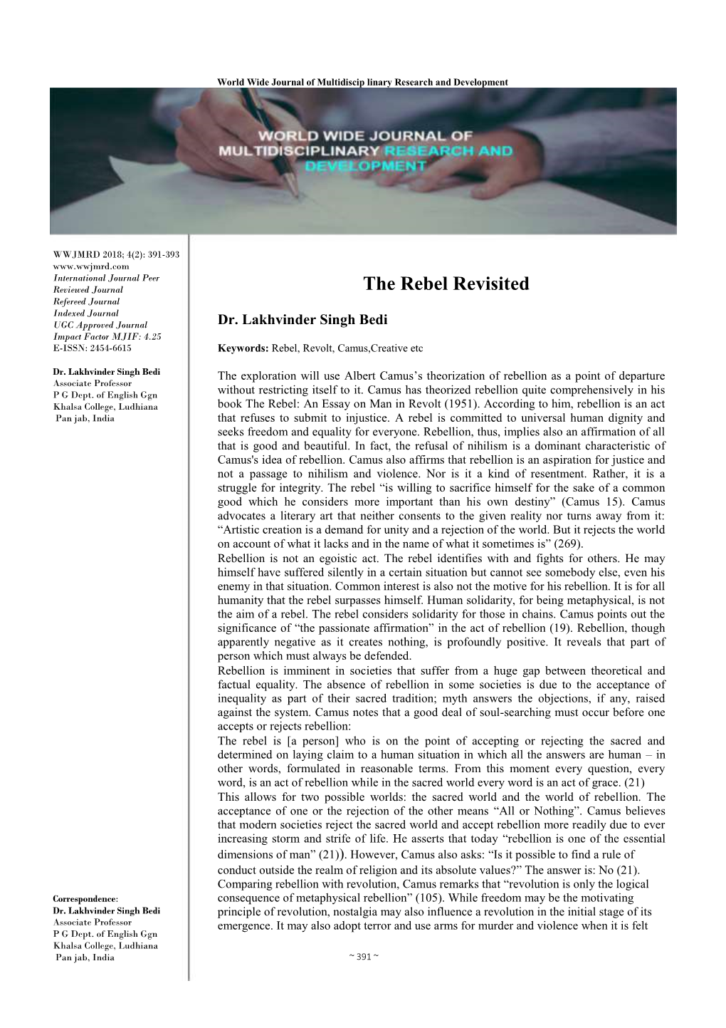 The Rebel Revisited Refereed Journal Indexed Journal UGC Approved Journal Dr