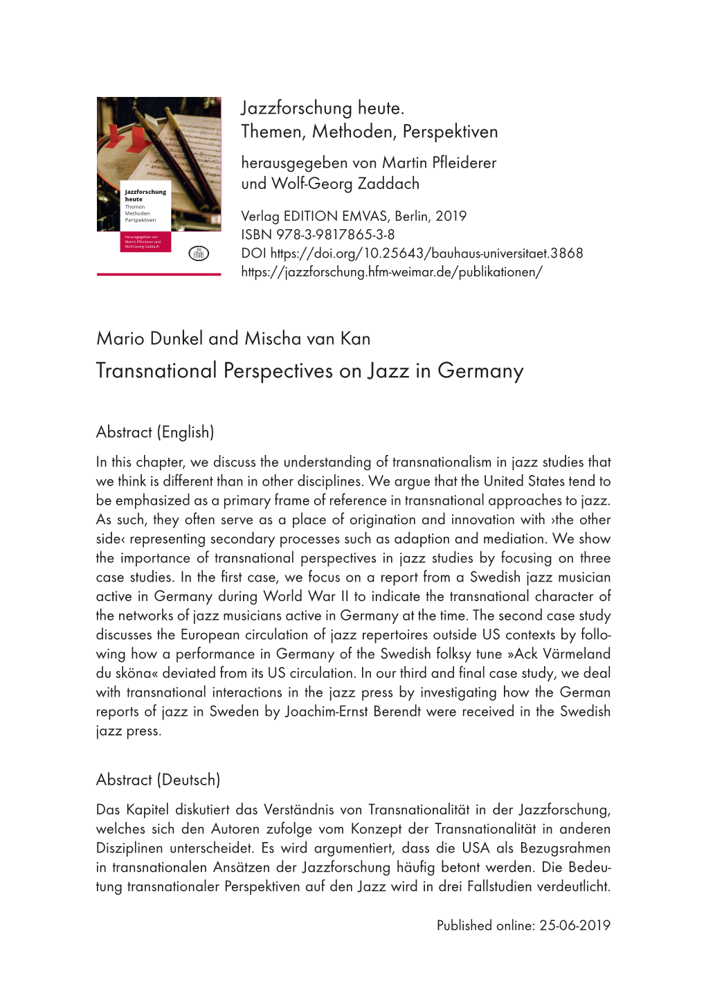 Transnational Perspectives on Jazz in Germany