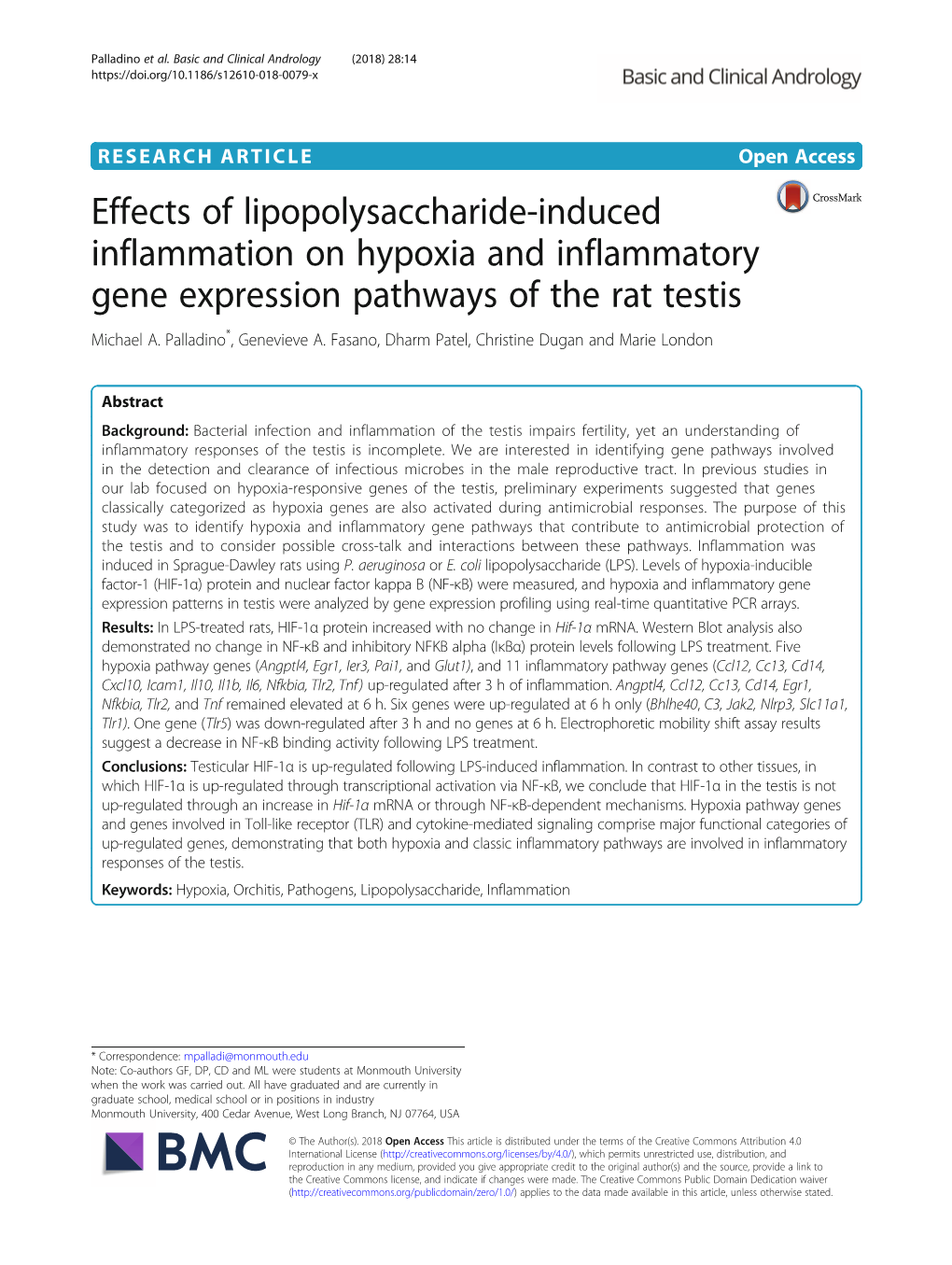 Effects of Lipopolysaccharide-Induced Inflammation on Hypoxia and Inflammatory Gene Expression Pathways of the Rat Testis Michael A