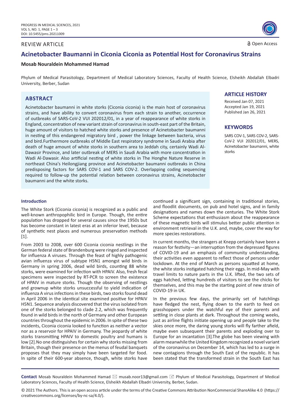 Acinetobacter Baumanni in Ciconia Ciconia As Potential Host for Coronavirus Strains Mosab Nouraldein Mohammed Hamad