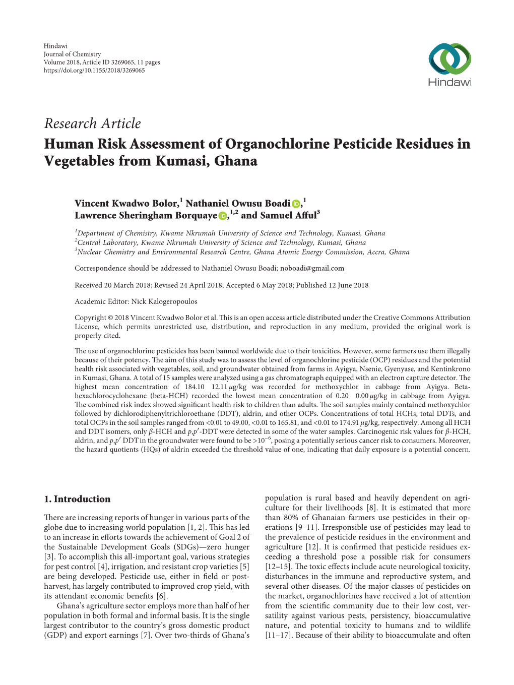 Research Article Human Risk Assessment of Organochlorine Pesticide Residues in Vegetables from Kumasi, Ghana