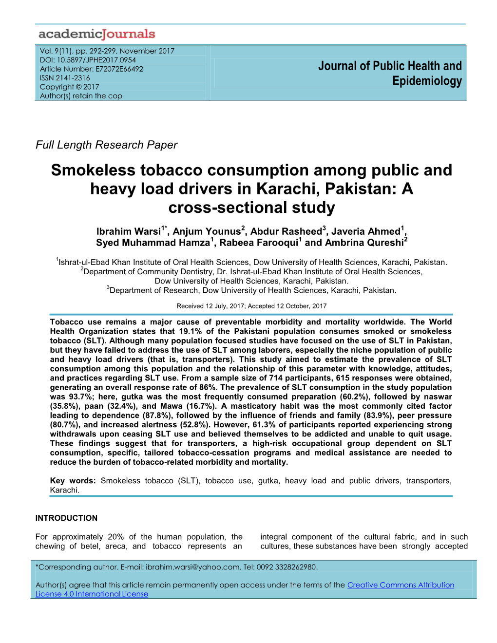 Smokeless Tobacco Consumption Among Public and Heavy Load Drivers in Karachi, Pakistan: a Cross-Sectional Study