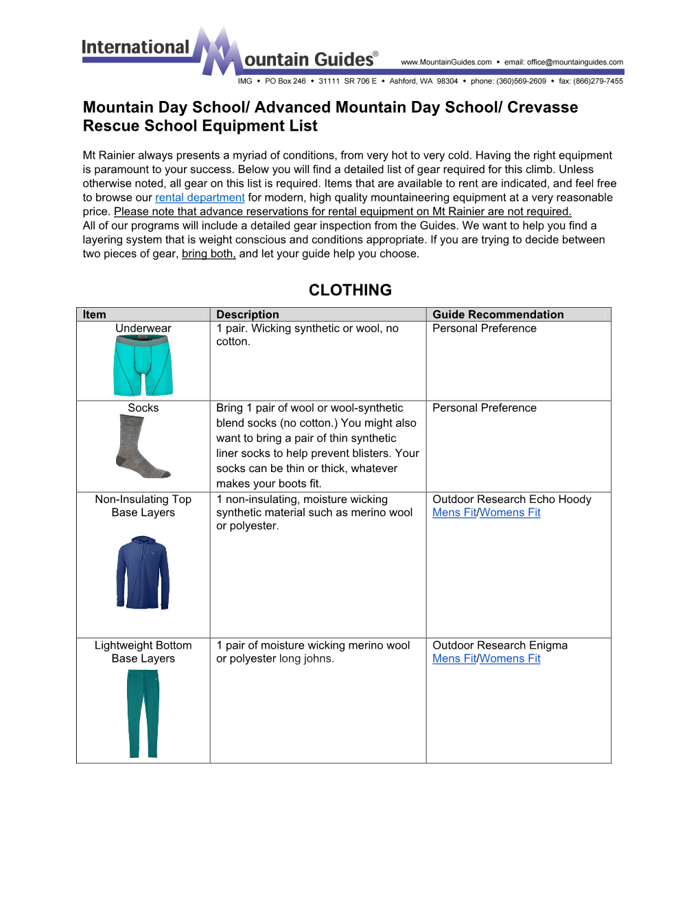 IMG Rainier Day Schools Gear List