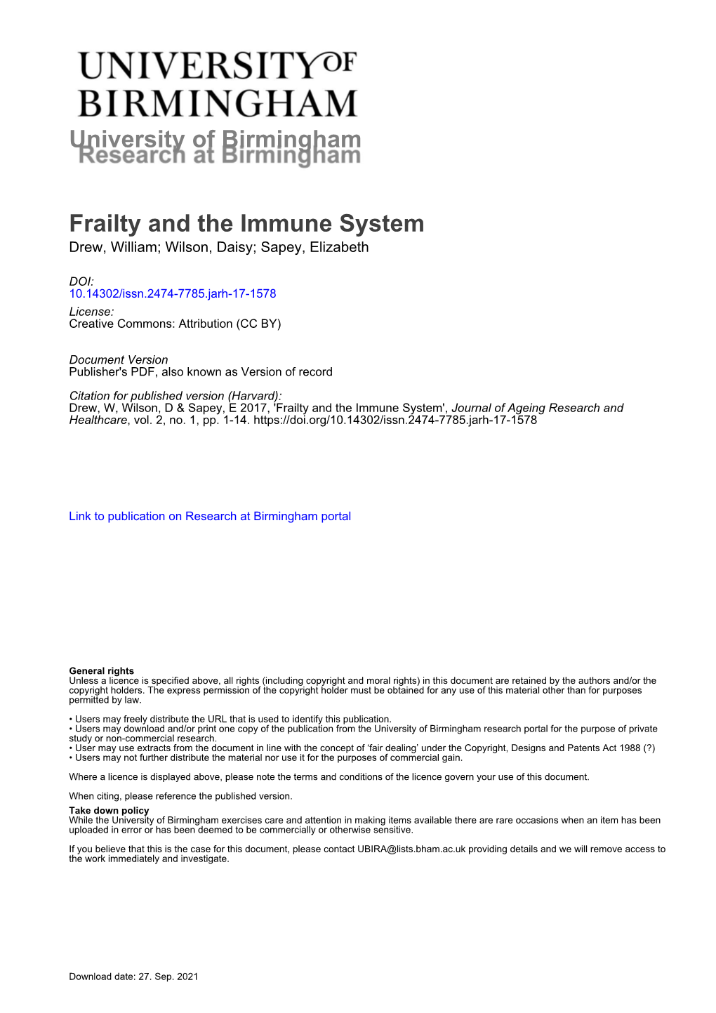University of Birmingham Frailty and the Immune System