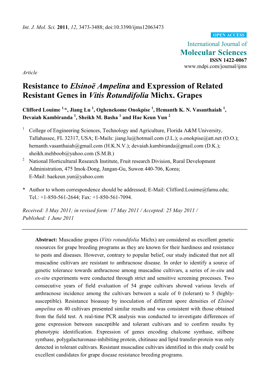 Molecular Sciences Resistance to Elsinoë Ampelina and Expression
