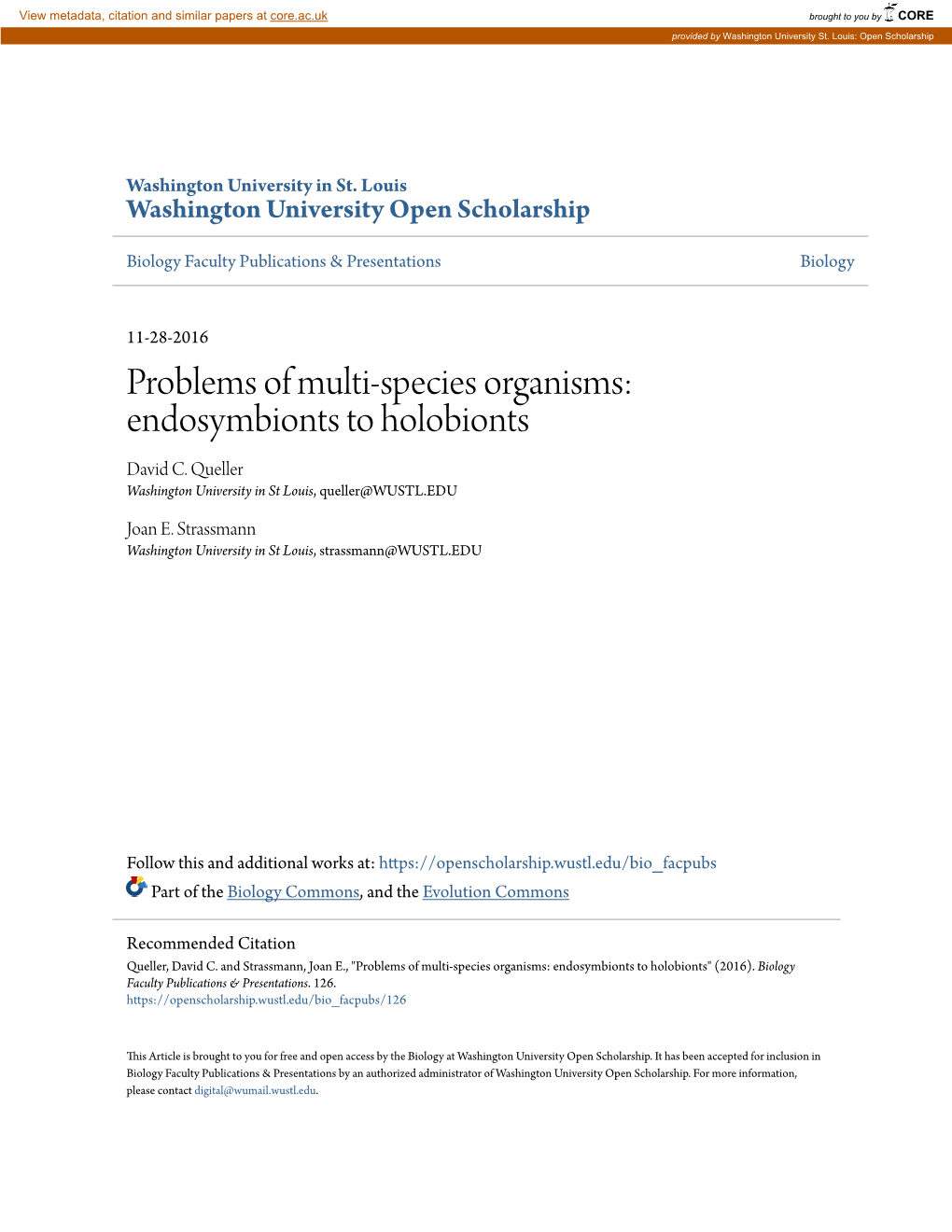 Problems of Multi-Species Organisms: Endosymbionts to Holobionts David C