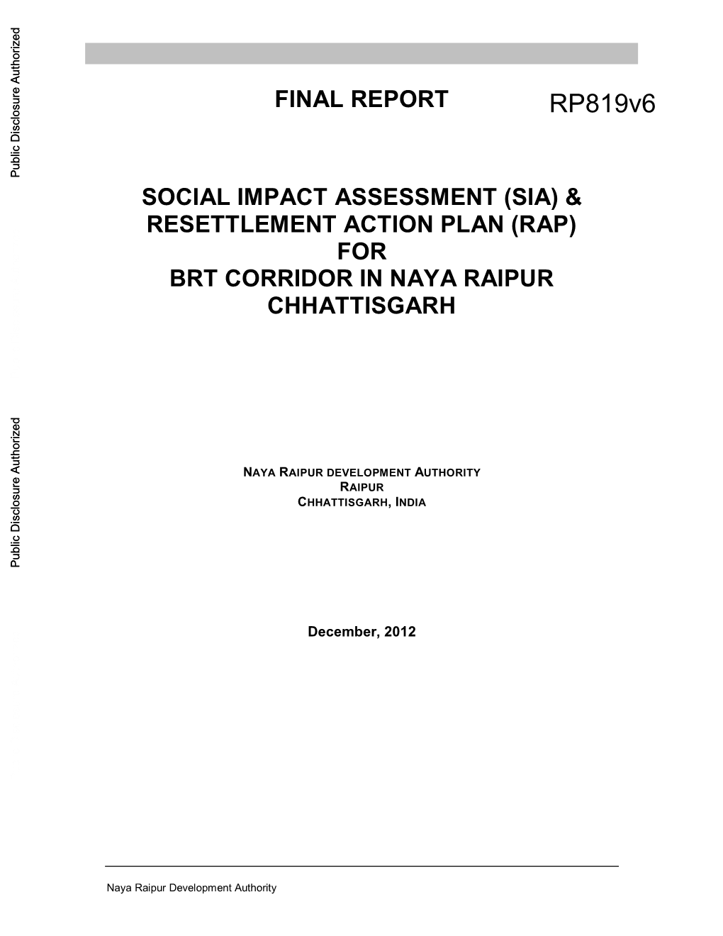 Resettlement Action Plan (Rap) for Brt Corridor in Naya Raipur Chhattisgarh