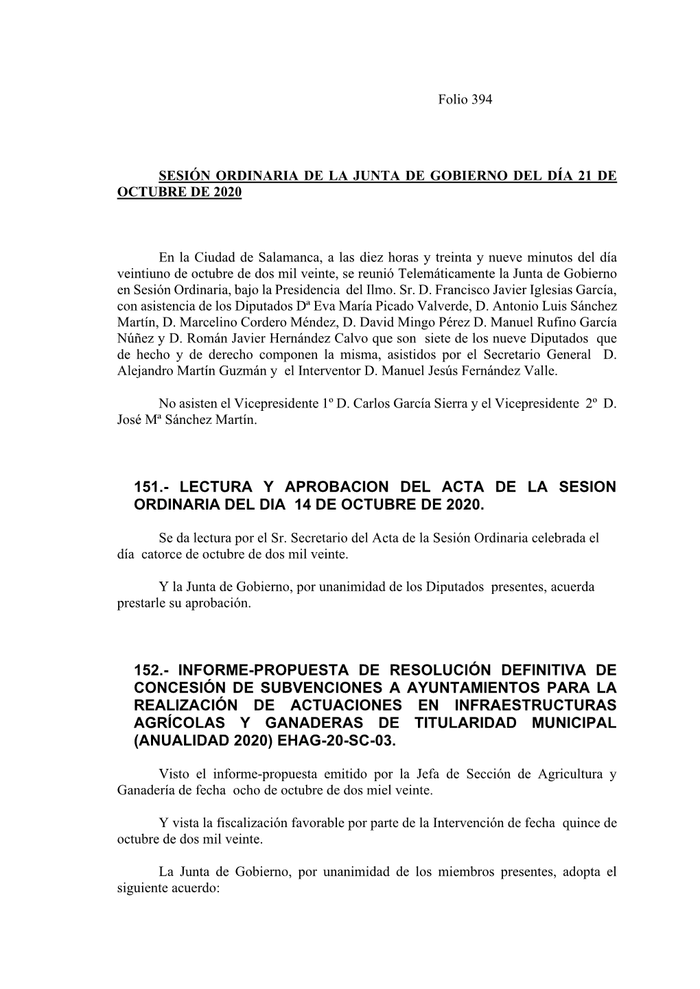 151.- Lectura Y Aprobacion Del Acta De La Sesion Ordinaria Del Dia 14 De Octubre De 2020