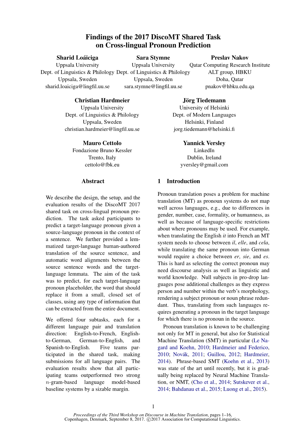 Findings of the 2017 Discomt Shared Task on Cross-Lingual Pronoun