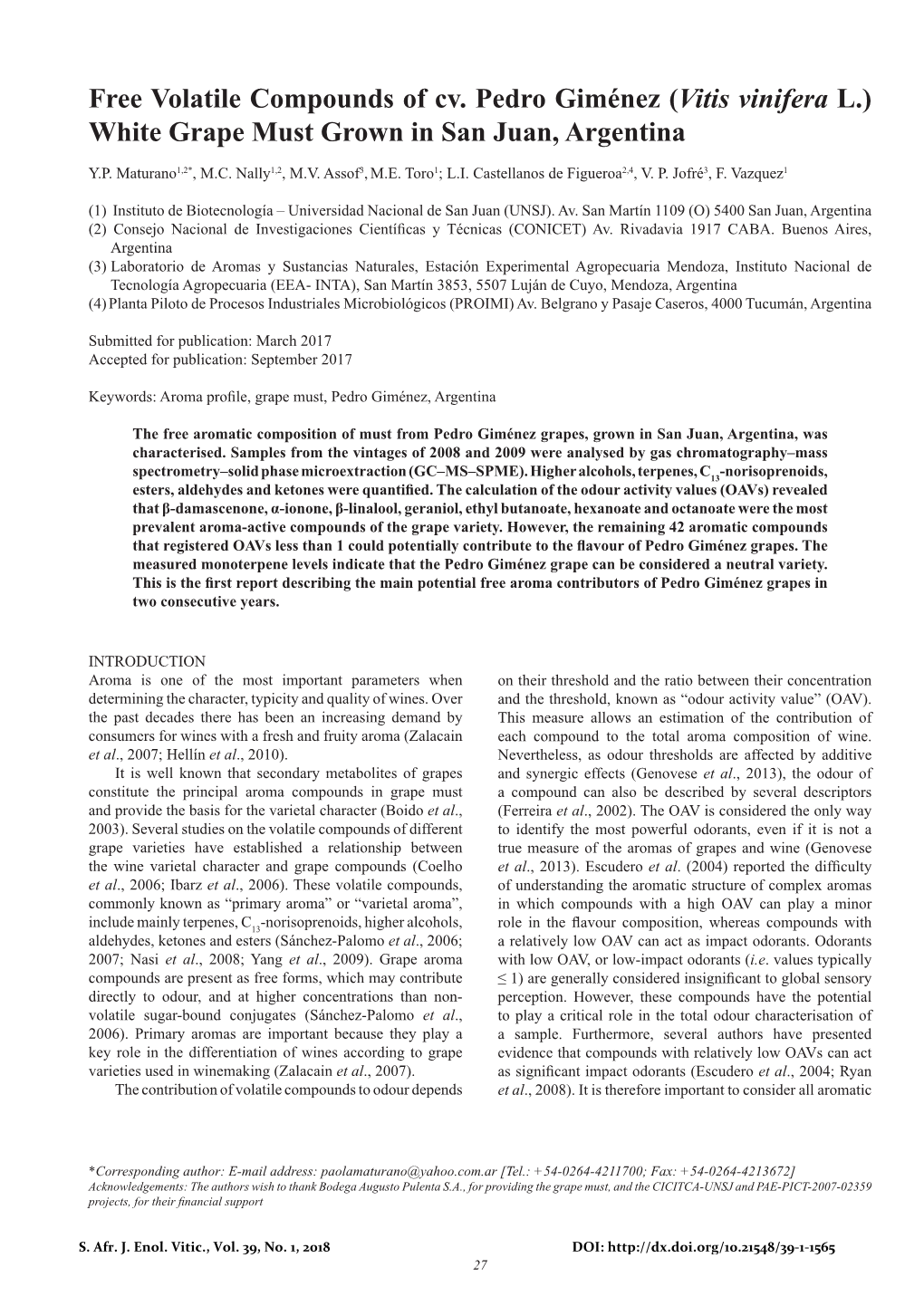 Free Volatile Compounds of Cv. Pedro Giménez (Vitis Vinifera L.) White Grape Must Grown in San Juan, Argentina