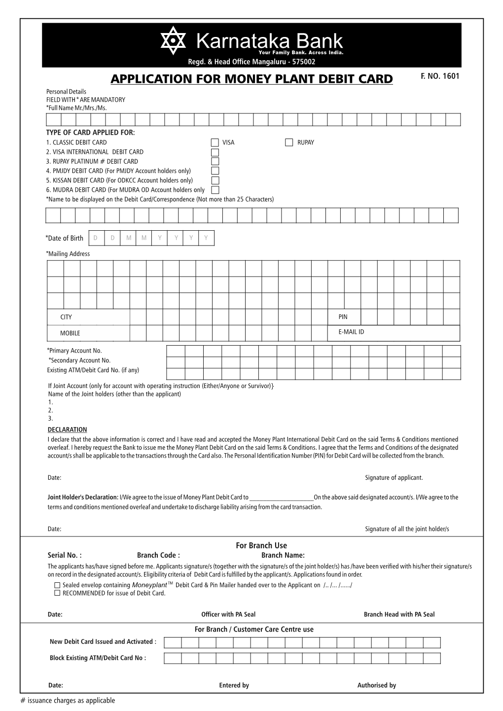 Application for Money Plant Debit Card F