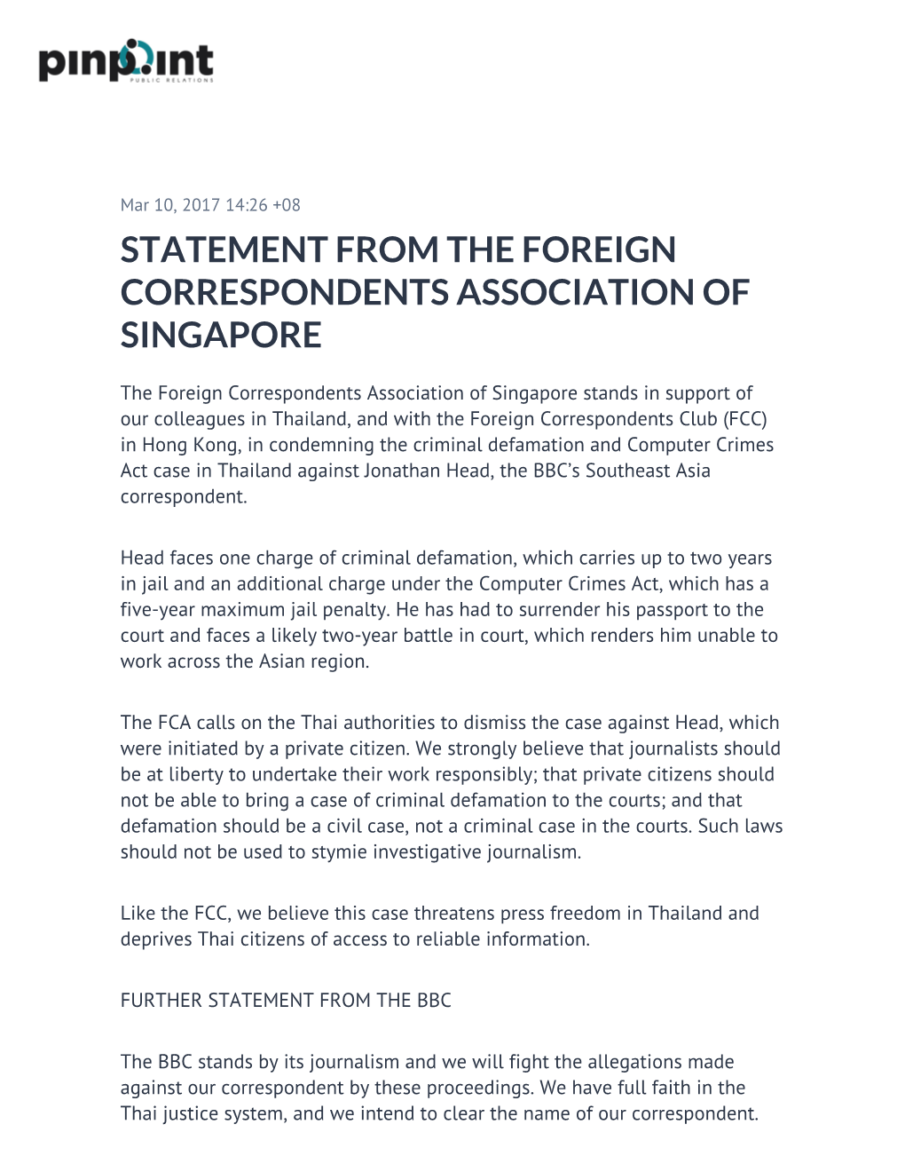 Statement from the Foreign Correspondents Association of Singapore